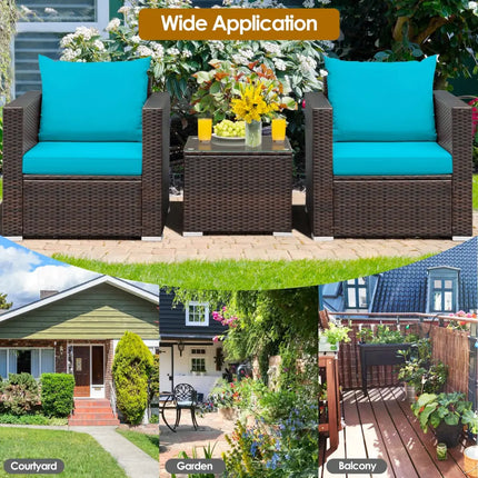 3 Pcs Patio Conversation Rattan Furniture Set with Cushion-Turquoise - Turquoise - Patio Conversation Sets