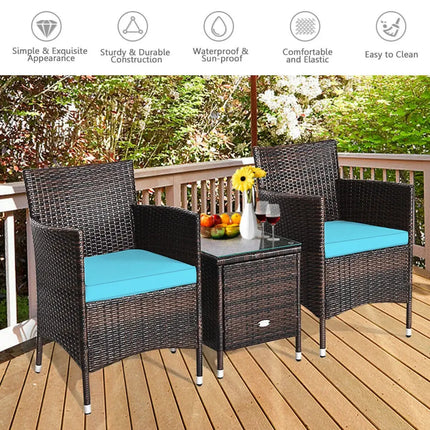 3 Pcs Patio Furniture Set Outdoor Wicker Rattan Set-Blue - Blue - Patio Conversation Sets