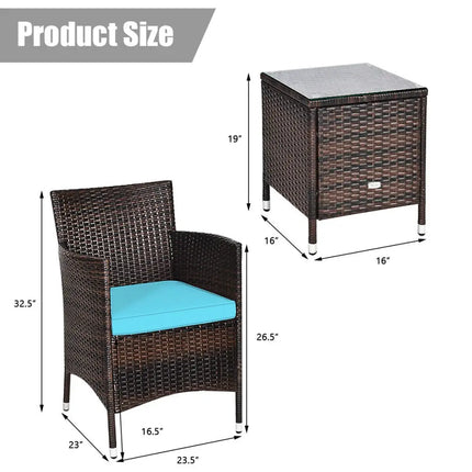 3 Pcs Patio Furniture Set Outdoor Wicker Rattan Set-Blue - Blue - Patio Conversation Sets