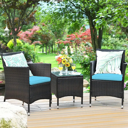 3 Pcs Patio Furniture Set Outdoor Wicker Rattan Set-Blue - Blue - Patio Conversation Sets