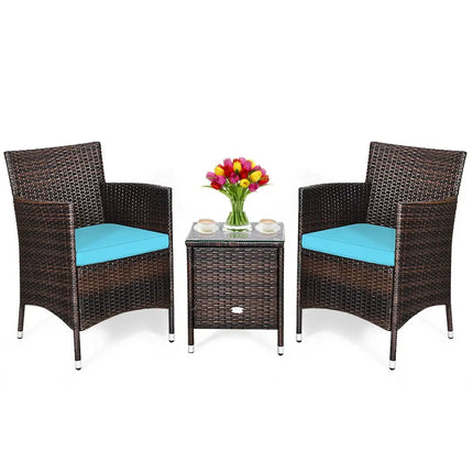 3 Pcs Patio Furniture Set Outdoor Wicker Rattan Set-Blue - Blue - Patio Conversation Sets