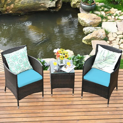 3 Pcs Patio Furniture Set Outdoor Wicker Rattan Set-Blue - Blue - Patio Conversation Sets