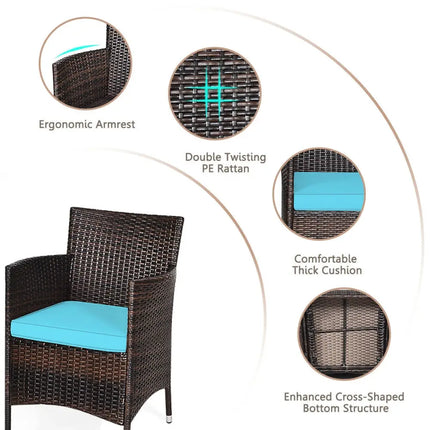 3 Pcs Patio Furniture Set Outdoor Wicker Rattan Set-Blue - Blue - Patio Conversation Sets