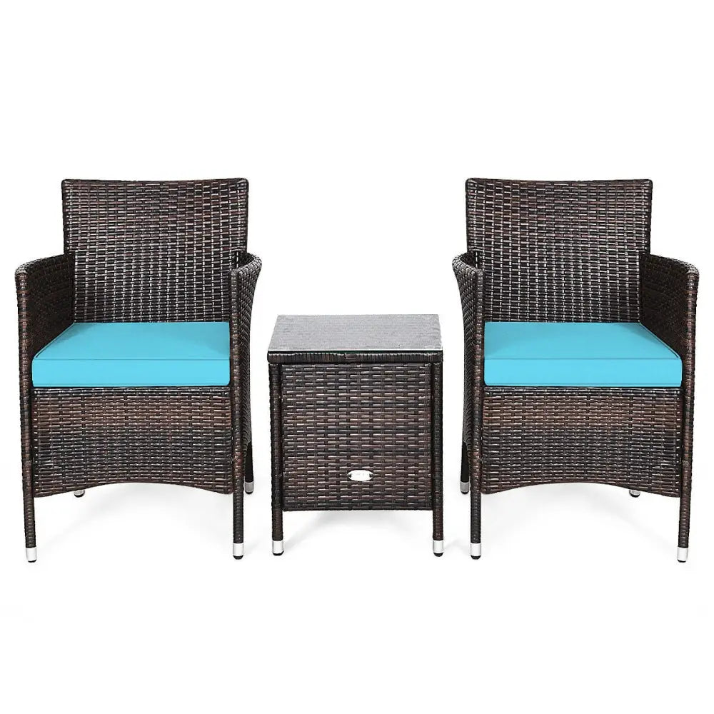 3 Pcs Patio Furniture Set Outdoor Wicker Rattan Set-Blue - Blue - Patio Conversation Sets