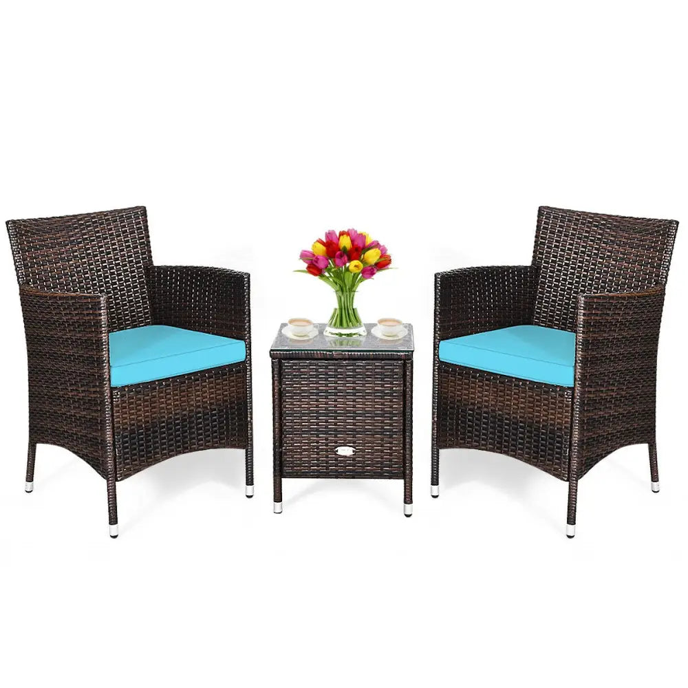 3 Pcs Patio Furniture Set Outdoor Wicker Rattan Set-Blue - Blue - Patio Conversation Sets