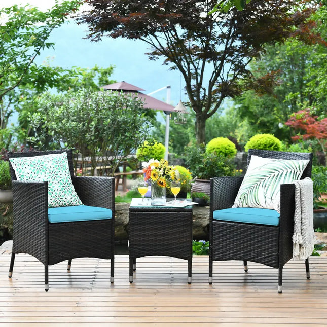 3 Pcs Patio Furniture Set Outdoor Wicker Rattan Set-Blue - Blue - Patio Conversation Sets