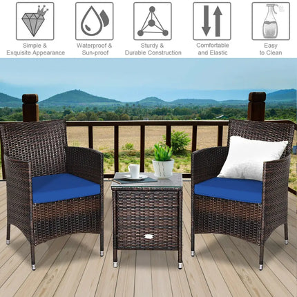 3 Pcs Patio Furniture Set Outdoor Wicker Rattan Set-Navy - Navy - Patio Conversation Sets