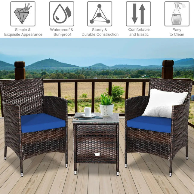 3 Pcs Patio Furniture Set Outdoor Wicker Rattan Set-Navy - Navy - Patio Conversation Sets