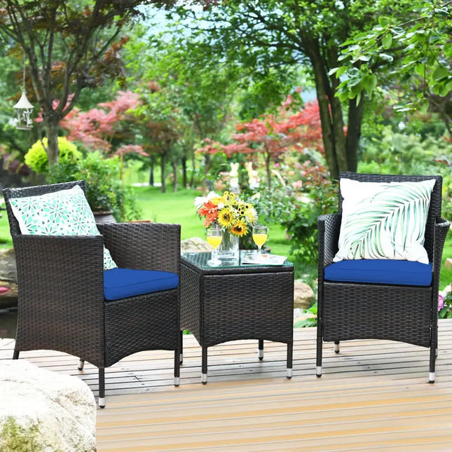 3 Pcs Patio Furniture Set Outdoor Wicker Rattan Set-Navy - Navy - Patio Conversation Sets