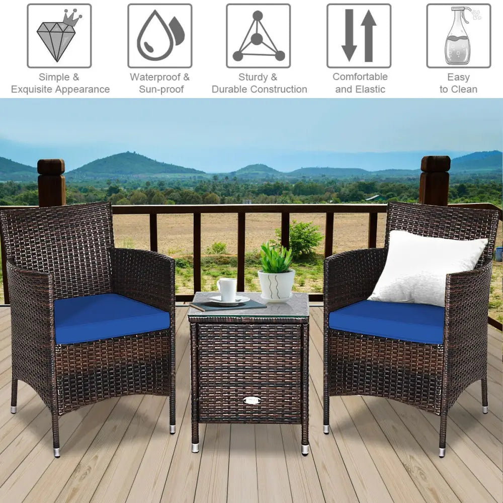 3 Pcs Patio Furniture Set Outdoor Wicker Rattan Set-Navy - Navy - Patio Conversation Sets