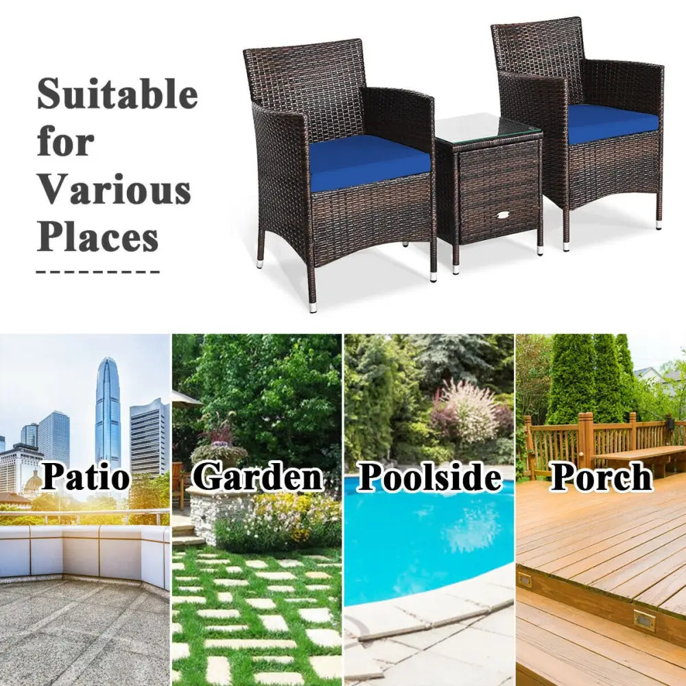 3 Pcs Patio Furniture Set Outdoor Wicker Rattan Set-Navy - Navy - Patio Conversation Sets