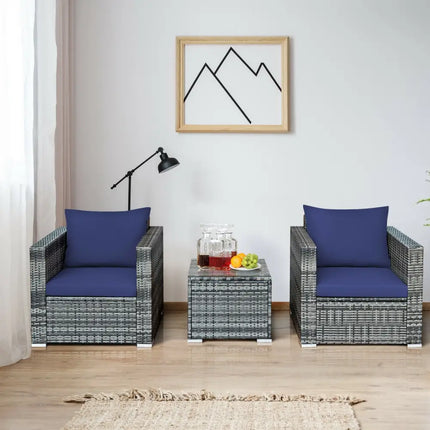 3 Pcs Patio Rattan Furniture Bistro Sofa Set with Cushioned-Navy - Navy - Patio Conversation Sets