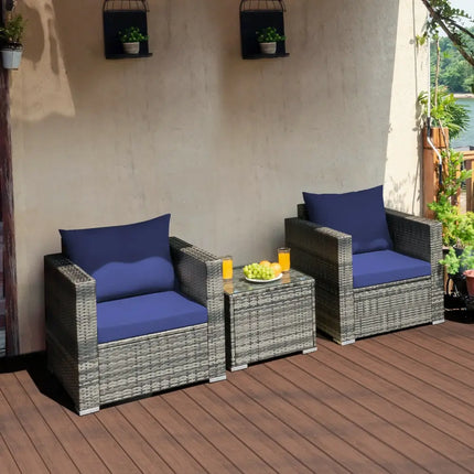 3 Pcs Patio Rattan Furniture Bistro Sofa Set with Cushioned-Navy - Navy - Patio Conversation Sets