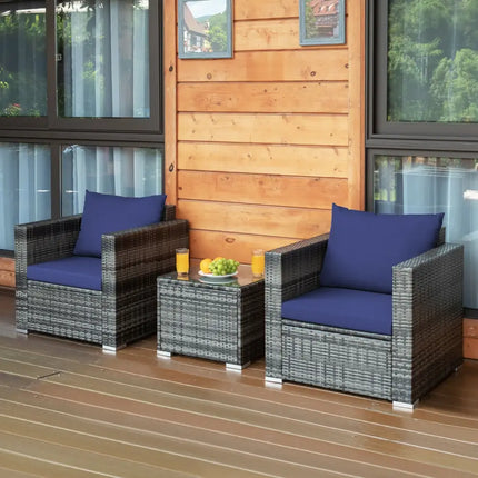 3 Pcs Patio Rattan Furniture Bistro Sofa Set with Cushioned-Navy - Navy - Patio Conversation Sets