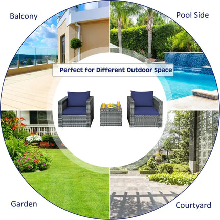 3 Pcs Patio Rattan Furniture Bistro Sofa Set with Cushioned-Navy - Navy - Patio Conversation Sets