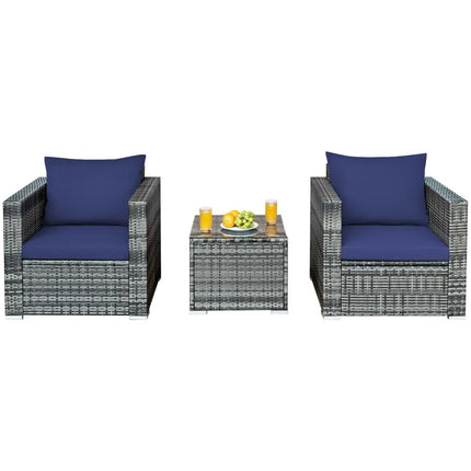 3 Pcs Patio Rattan Furniture Bistro Sofa Set with Cushioned-Navy - Navy - Patio Conversation Sets