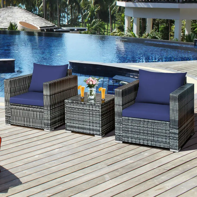 3 Pcs Patio Rattan Furniture Bistro Sofa Set with Cushioned-Navy - Navy - Patio Conversation Sets