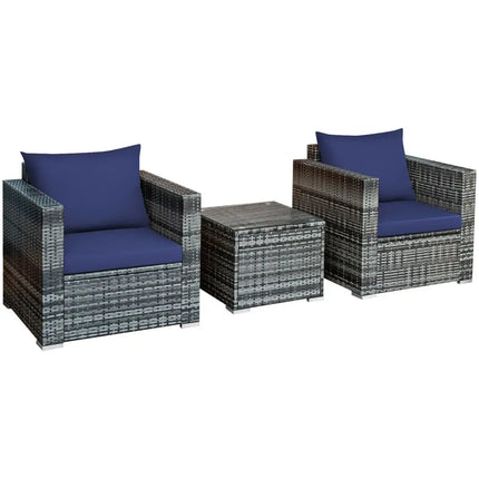 3 Pcs Patio Rattan Furniture Bistro Sofa Set with Cushioned-Navy - Navy - Patio Conversation Sets