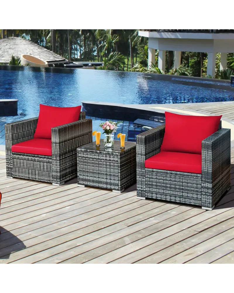 3 Pcs Patio Rattan Furniture Bistro Sofa Set with Cushioned-Red - Red - Patio Conversation Sets