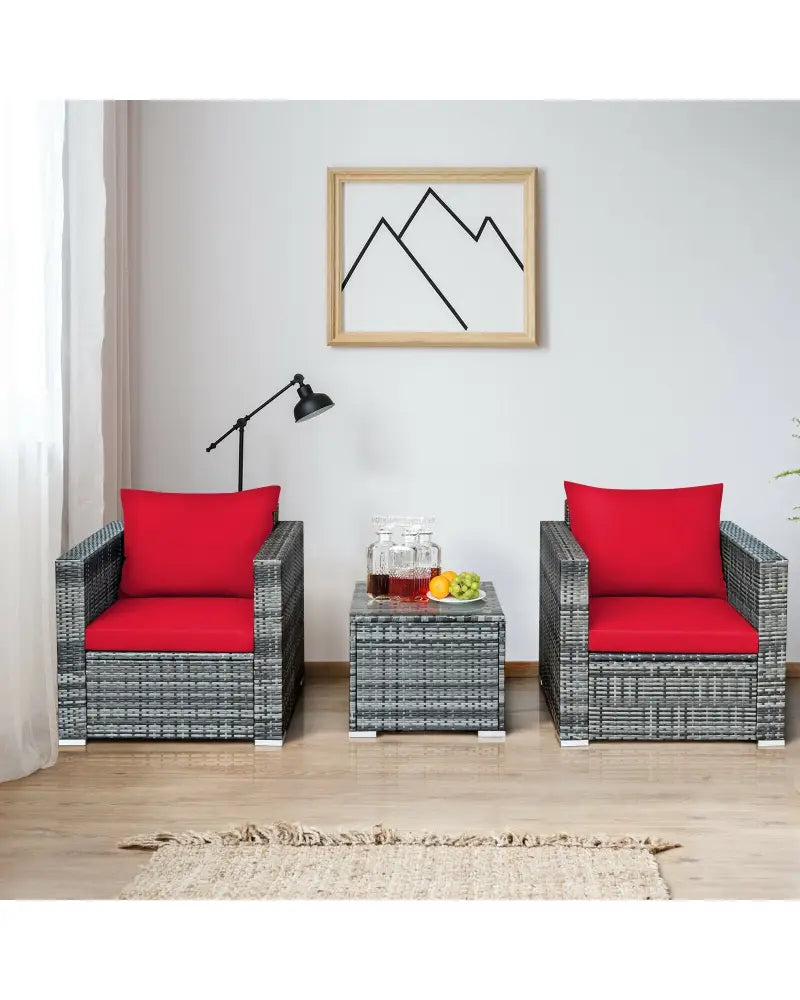 3 Pcs Patio Rattan Furniture Bistro Sofa Set with Cushioned-Red - Red - Patio Conversation Sets