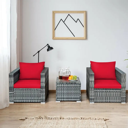 3 Pcs Patio Rattan Furniture Bistro Sofa Set with Cushioned-Red - Red - Patio Conversation Sets