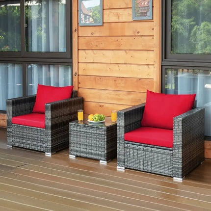 3 Pcs Patio Rattan Furniture Bistro Sofa Set with Cushioned-Red - Red - Patio Conversation Sets
