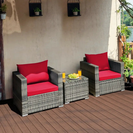 3 Pcs Patio Rattan Furniture Bistro Sofa Set with Cushioned-Red - Red - Patio Conversation Sets