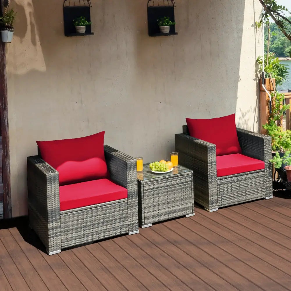 3 Pcs Patio Rattan Furniture Bistro Sofa Set with Cushioned-Red - Red - Patio Conversation Sets