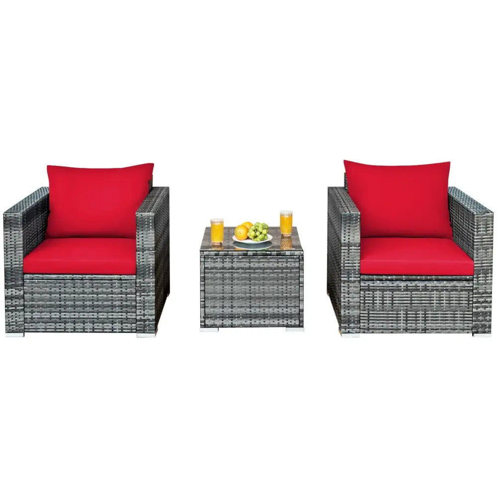3 Pcs Patio Rattan Furniture Bistro Sofa Set with Cushioned-Red - Red - Patio Conversation Sets