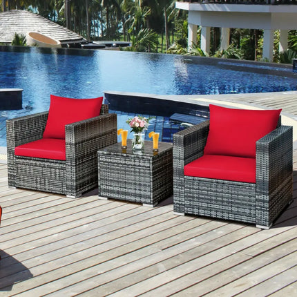3 Pcs Patio Rattan Furniture Bistro Sofa Set with Cushioned-Red - Red - Patio Conversation Sets