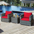 3 Pcs Patio Rattan Furniture Bistro Sofa Set with Cushioned-Red - Red - Patio Conversation Sets