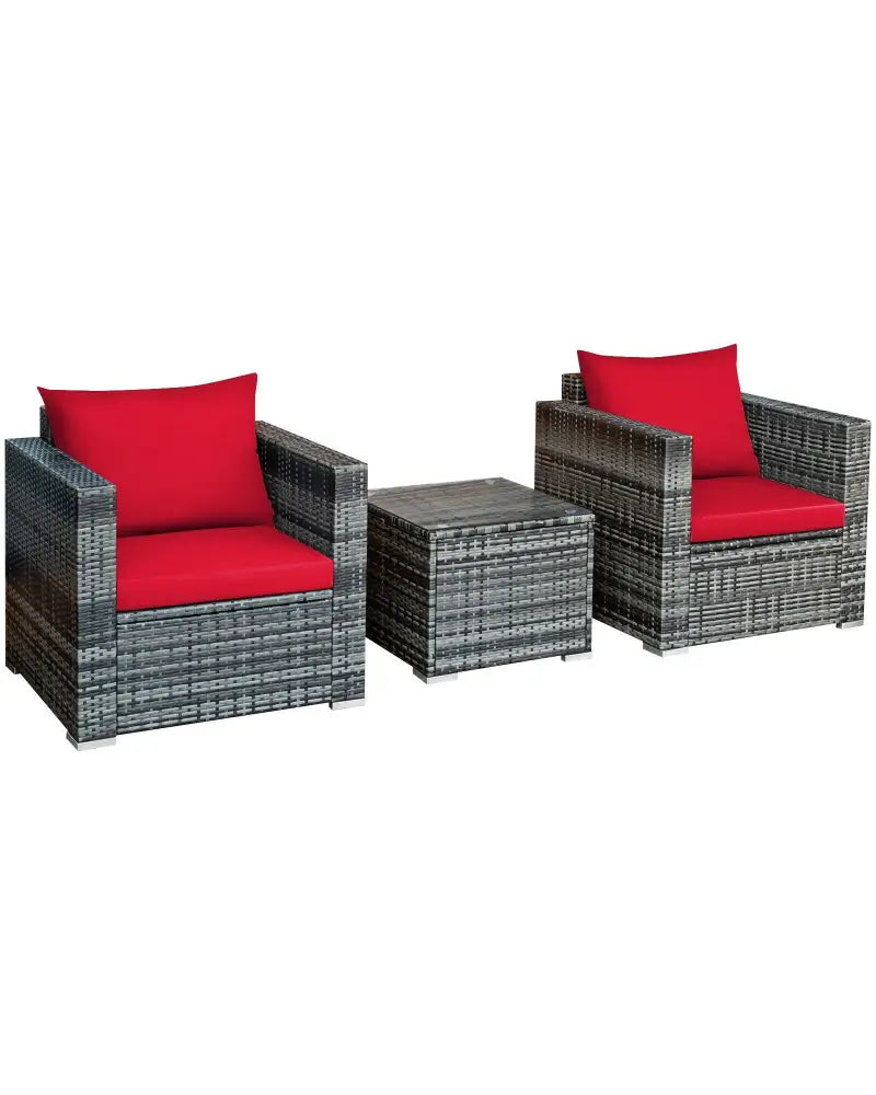 3 Pcs Patio Rattan Furniture Bistro Sofa Set with Cushioned-Red - Red - Patio Conversation Sets