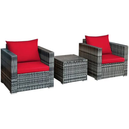 3 Pcs Patio Rattan Furniture Bistro Sofa Set with Cushioned-Red - Red - Patio Conversation Sets