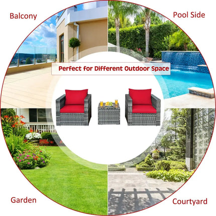 3 Pcs Patio Rattan Furniture Bistro Sofa Set with Cushioned-Red - Red - Patio Conversation Sets