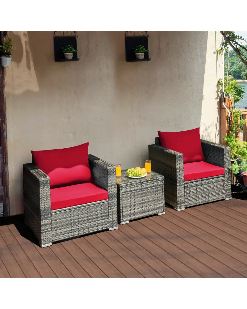 3 Pcs Patio Rattan Furniture Bistro Sofa Set with Cushioned-Red - Red - Patio Conversation Sets