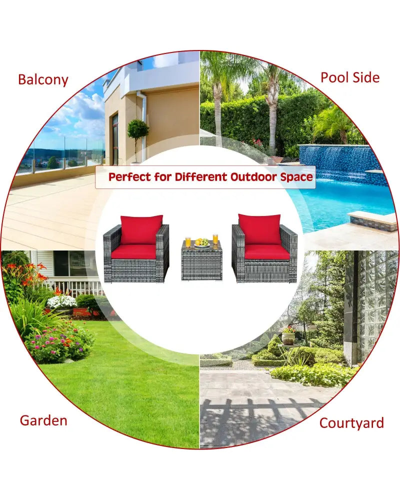 3 Pcs Patio Rattan Furniture Bistro Sofa Set with Cushioned-Red - Red - Patio Conversation Sets