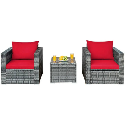 3 Pcs Patio Rattan Furniture Bistro Sofa Set with Cushioned-Red - Red - Patio Conversation Sets