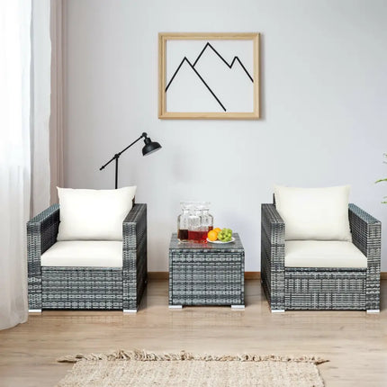 3 Pcs Patio Rattan Furniture Bistro Sofa Set with Cushioned-White - White - Patio Conversation Sets