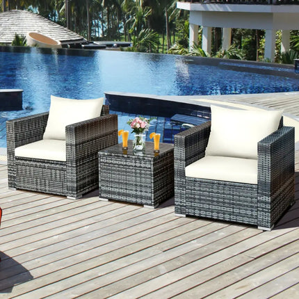 3 Pcs Patio Rattan Furniture Bistro Sofa Set with Cushioned-White - White - Patio Conversation Sets