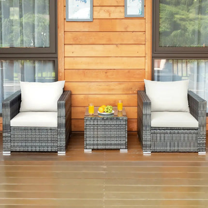 3 Pcs Patio Rattan Furniture Bistro Sofa Set with Cushioned-White - White - Patio Conversation Sets