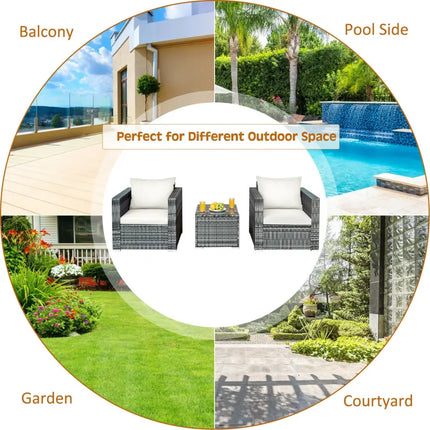 3 Pcs Patio Rattan Furniture Bistro Sofa Set with Cushioned-White - White - Patio Conversation Sets