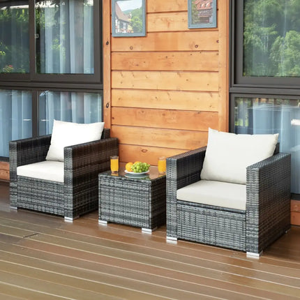 3 Pcs Patio Rattan Furniture Bistro Sofa Set with Cushioned-White - White - Patio Conversation Sets
