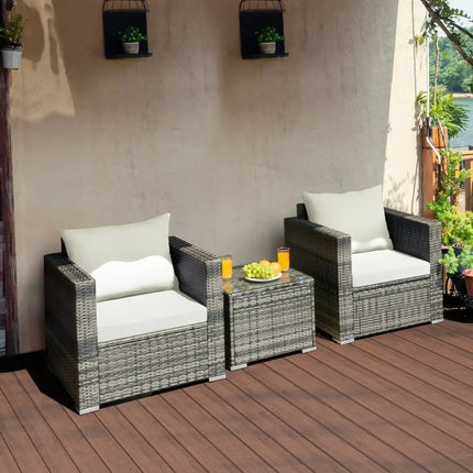 3 Pcs Patio Rattan Furniture Bistro Sofa Set with Cushioned-White - White - Patio Conversation Sets