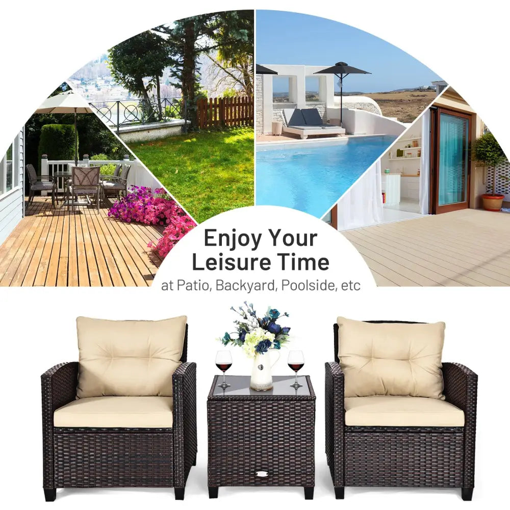 3 Pcs Patio Rattan Furniture Set Cushioned Conversation Set Coffee Table-Beige - Beige - Patio Conversation Sets