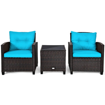 3 Pcs Patio Rattan Furniture Set Cushioned Conversation Set Coffee Table-Turquoise - Turquoise - Patio Conversation Sets