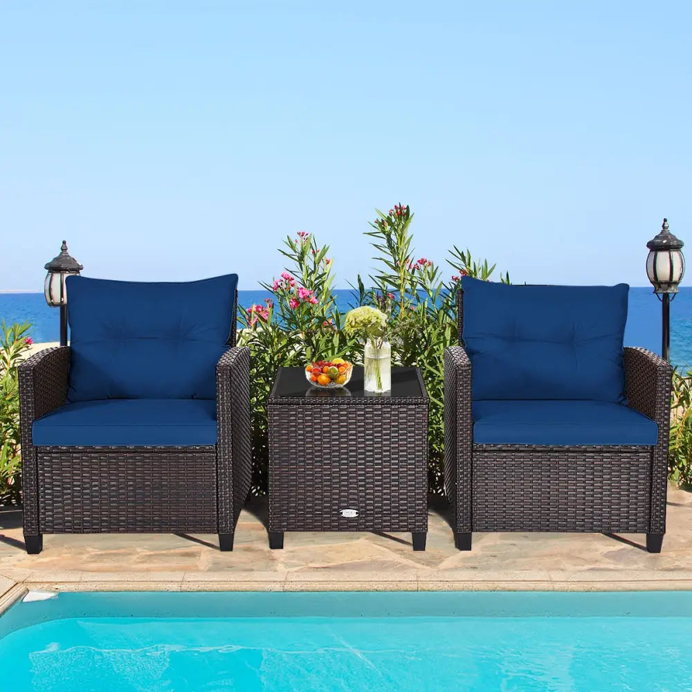 3 Pcs Patio Rattan Furniture Set Cushioned Conversation Set Coffee Table-Navy - Navy - Patio Conversation Sets