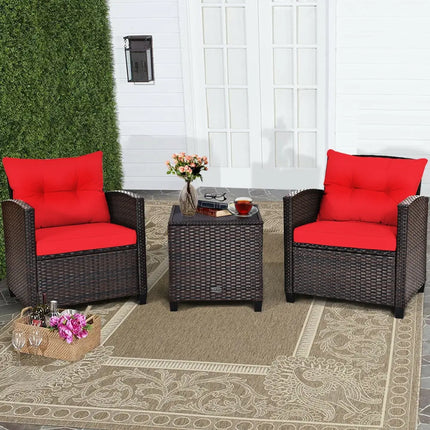 3 Pcs Patio Rattan Furniture Set Cushioned Conversation Set Coffee Table-Red - Red - Patio Conversation Sets
