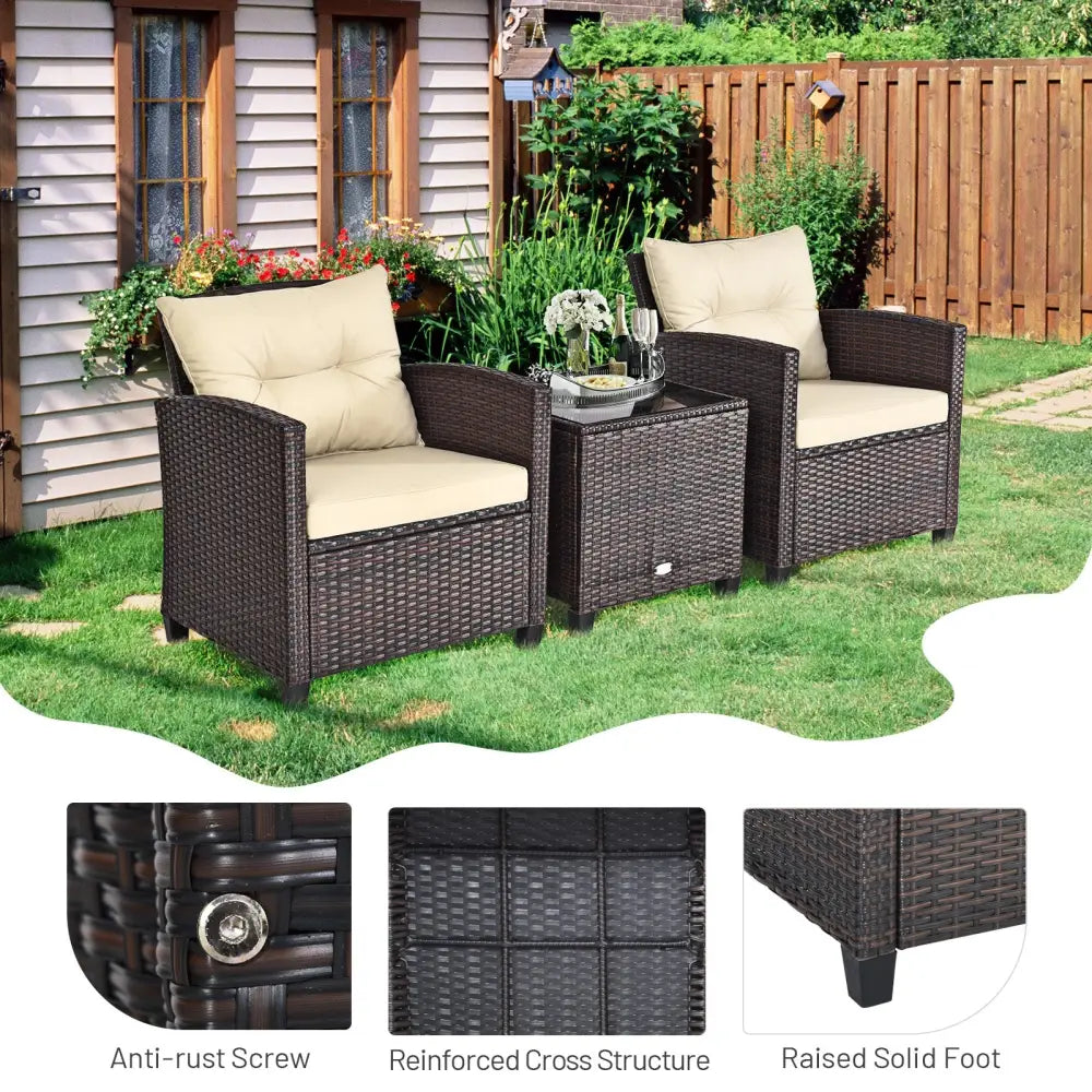 3 Pcs Patio Rattan Furniture Set Cushioned Conversation Set Coffee Table-Beige - Beige - Patio Conversation Sets