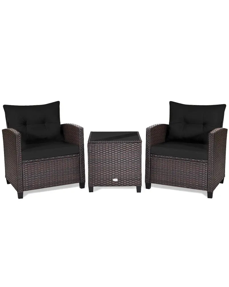 3 Pcs Patio Rattan Furniture Set Cushioned Conversation Set Coffee Table -Black - Black - Patio Conversation Sets