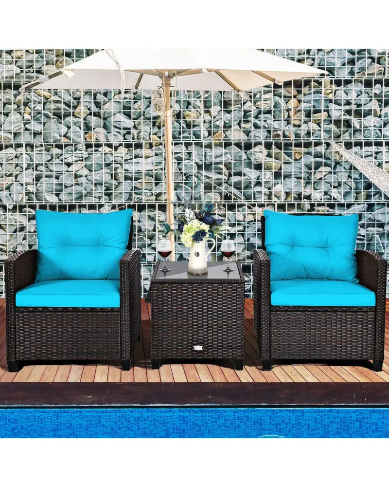 3 Pcs Patio Rattan Furniture Set Cushioned Conversation Set Coffee Table-Turquoise - Turquoise - Patio Conversation Sets